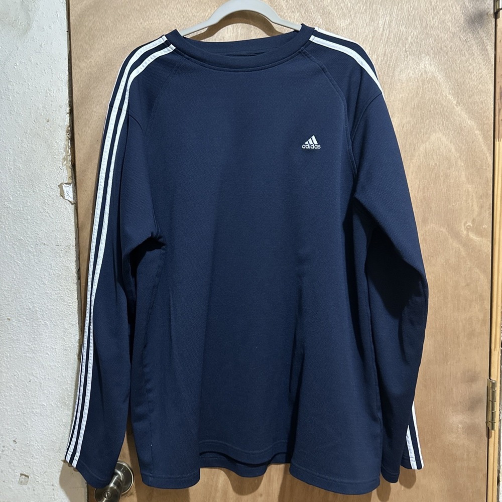 Adidas Long Sleeve Shirt Mens 2XL Navy Blue 3 Stripe Athletic Training Crew Neck